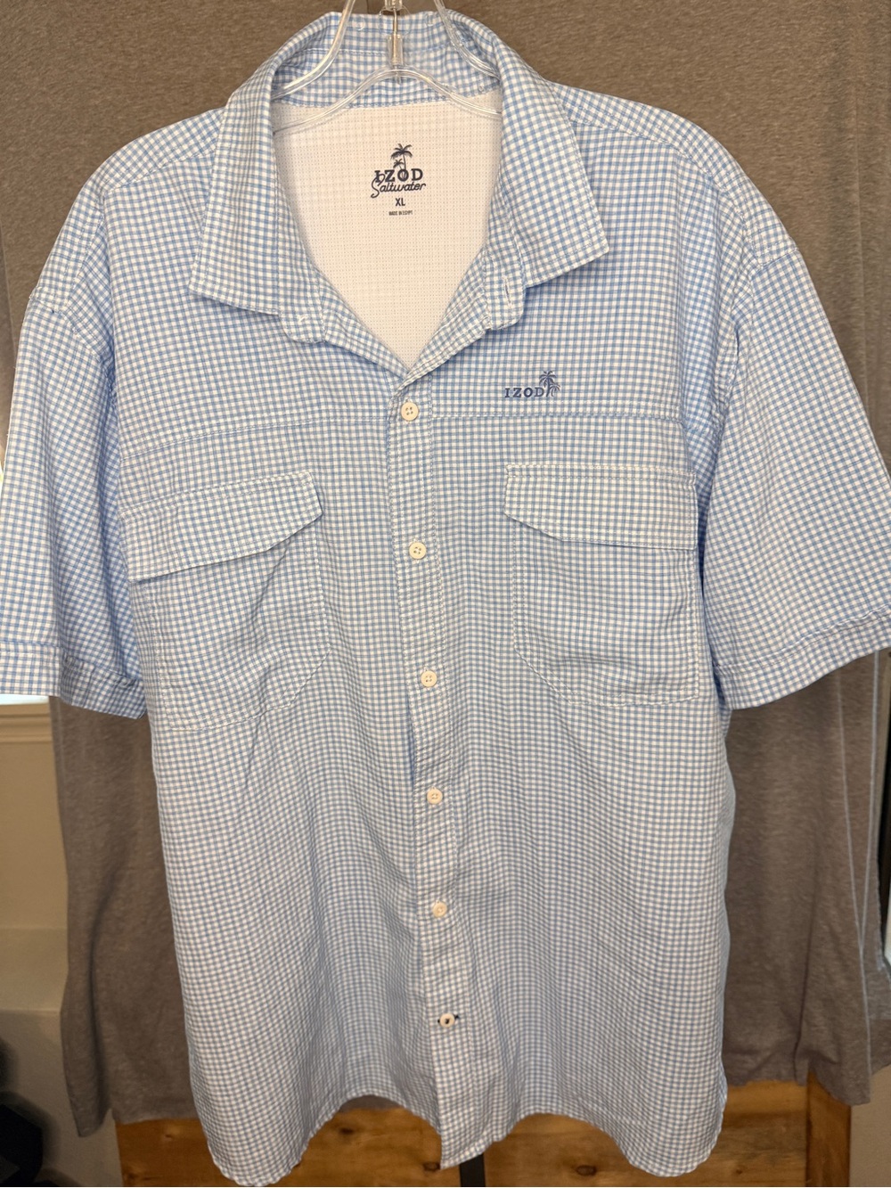 Izod Light Blue Gingham Short Sleeve Button-Down Shirt